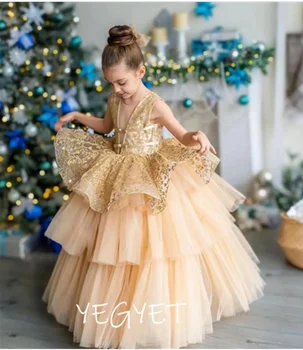 Kuld Printsess Baby Girl Kleit Pikk Seelik V-Kaelusel Pits Tülli Lilleneiu Kleit Pulm Poiss Kleit Tüdrukute Võistlused Kleit
