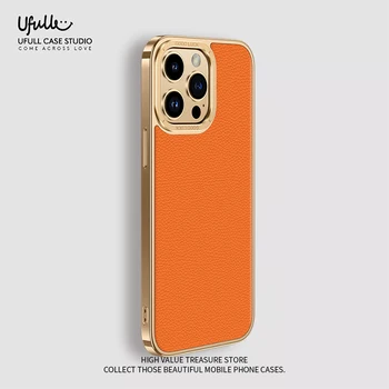 Luksus dermis Telefon Case For iPhone 14 13 12 Pro Max 14Plus Samsung S22 S23Pro Ultra Ehtne nahk Galvaniseeritud piir Kate