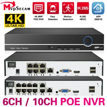 4K CCTV POE NVR 6CH/10CH 4K 8MP Jaoks IEEE802.3af 48V POE IP-Kaamera, signalisatsioon Xmeye Remote Access Face Detection P2P H. 265
