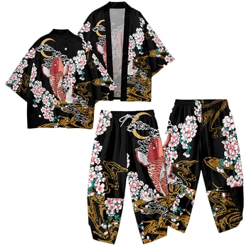 5XL 6XL Kimono Kampsun, Püksid Komplekt Traditsioonilise Jaapani Samurai Kostüüm Mehed Naised Prindi Lill Kala Särk Haori Yukata