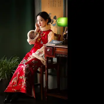 Talvel, Traditsiooniline Hiina Puuvilla Karusnaha Krae Hirv Trükitud Soe Cheongsam Naiste Luksus Oriental Red Pulmad Õhtukleit Qipao