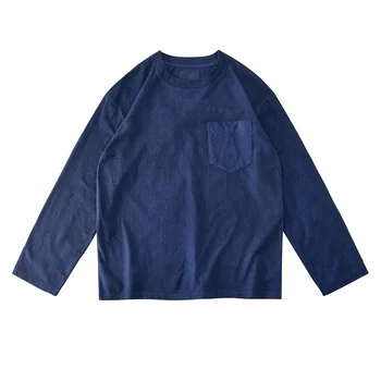 Vintage Indigo Pikk Varrukas T-Särk Meeste Kevad-Sügis Uus 250G Kammitud Puuvill Käsitöö Sinine Värvitud Tshirt Retro Vabaaja-Suurpärase Top