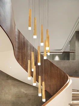 Kaasaegne minimalistlik puit baasi lühter villa loft elutuba puidust lambid trepp, pikk lühter duplex arhitektuuri valgustus
