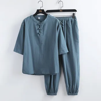Yourqipao 2023 Suvel Retro Trend Linane Ülikond Vaba aja veetmise Kodu Hiina Stiilis Topid Puuvillast Voodipesu Mood Mugavuse T-särk, Püksid Meestele