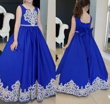 2019 Printsess Odav Armas Pikk Royal Blue Boho Flower Girl Kleidid Tütar Väikelapse Päris Lapsed Võistlused Esimene Ametlik Püha Hommikumantlid