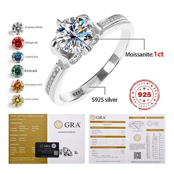 1 Karaat, Värv Moissanite Ring S925 Sterling Hõbe Plaatina Naiste VVS D-COLOR Pulmad Engagement Diamond Ring Luksus Ehted