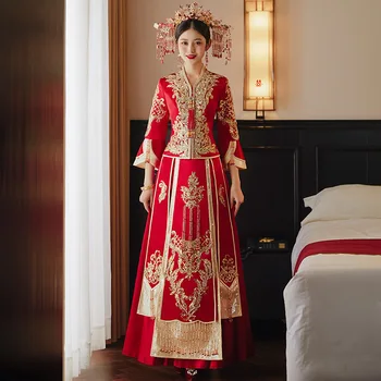 Klassikaline Hiina Stiilis Pulm Kleit Cheongsam Kvaliteetne Tikand Abielu Sobiks Idamaised Rõivad Pruut Vintage Qipao