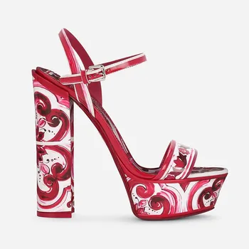 Punane Portselan Prindi Ruby Platvorm Plokk-Kontsaga Sandaalid Naine Suvel 2023 Bohemia 3D-Printimine Lukk Avatud Varvas Kõrge Kontsaga Kingad