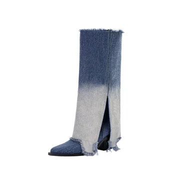 2023 Naiste Uued Neli Aastaaega Saapad Mood Seksikas Värvilised Denim Paks Kõrge Kontsaga Pikad Varrukad Seelik Pikk Bootss Naiste Saapad