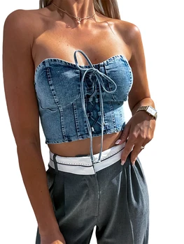 Mubineo Top da donna in denim tubo senza spalline incrociate allacciate sul davanti slim fit sidekirmega Blu M