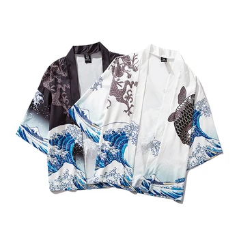 Must Kimono Jakk Naised Mehed Jaapani Obi Mees Yukata Meeste Haori Jaapani Laine Karpkala Prindi Mantel Traditsiooniline Jaapani Riided