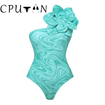 CPUTAN 2023 Seksikas 3D Lill Ühes Tükis Ujumistrikoo Suvel Naiste Vintage Print Ühe Õla Beachwear Ujumine Monokini trikoo