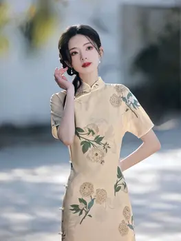 Vintage Mandarin Krae Cheongsam Naiste Hiina Stiilis Õie Printida Qipao Lühikesed Varrukad Peorõivad Vestido