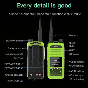 Talkpod A36Plus Walkie Talkie AM ÕHU VHF-UHF-7-Band Ham Raadio 5W Väljund 512 Kanal NOAA Weather Saada kahesuunaline Raadio