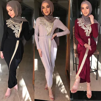 Naiste Moslemi Kleit Pikk Varrukas Tikitud Satiin (Solid Color Talje Tüdrukud Pehme Pahkluu Pikkus Varruka Maxi Kleidid Pluss Suurus