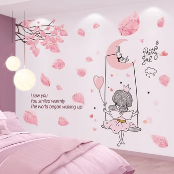 [SHIJUEHEZI] Cartoon Tüdruk Moon Küülik Seina Kleebised DIY Puulehed Seinamaaling Kleebised Lastele Toad Beebi Magamistoas Kodu Kaunistamiseks