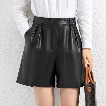Lady 2023 uustulnukad Klassikaline Must Nahast Püksid Lühikesed Püksid Naiste Mini Kõrge Vöökoht Elastne SY3995