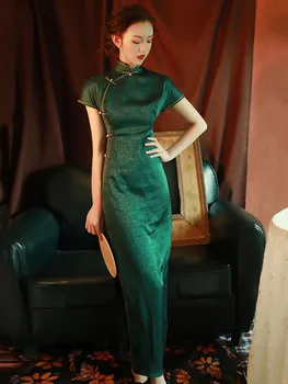 Paranenud Qipao Green Slim Kõrgus Split Pikk Naiste Vintage Hiina Stiilis Vana Shanghai igapäevaelu Kleit