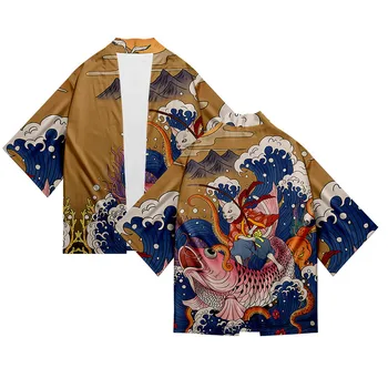Jaapani Ukiyoe Kalapüügi Kimono Särk 3d Print Kostüüm Mood Mehed Seitse Punkti Varruka Tops Kampsun, Jakk, Streetwear Riided