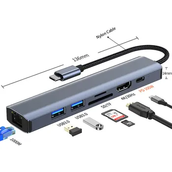 Nailon-Kaabel, USB-Tüüp C-Hub Splitter HDMI-USB3.0 SD/TF RJ45 1000M/S kiire andmeedastus ARVUTI Sülearvuti Macbook Tarvikud