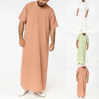 Mens Tahked Värvi Riideid Saudi Stiilis Tõmblukk Jubba Thobe Mees Vintage Lühikesed Varrukad O Kaela Moslemi / araabia Islami Riided 5XL