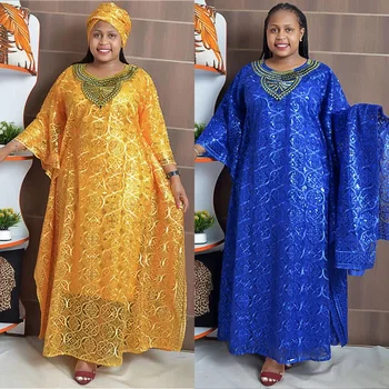Aafrika Riided Aafrika Kleidid Naistele Kevad-Suvi-Aafrika Naiste Sinine Kollane O-kaelus Pikk Kleit