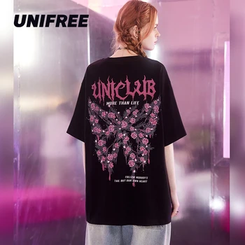 UNIFREE Liblikas Print Must Naiste T-särk Rock Streetwear Ülepaisutatud T-särk Naiste Puuvillane Mugav, Lühike Varrukas naistele