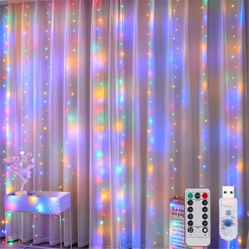 Kardin String LED Tuled 3M USB Kaugjuhtimispult Haldjas Tuled Pulm Jõulud Decor Festival Valgustus Aias Vanik Lamp