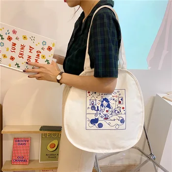Naiste õlakott, pehme armas kirjandus õpilane klassi kott valge Jaapani korea stiilne lihtne lõuend kott hulgi korduvkasutatav kott