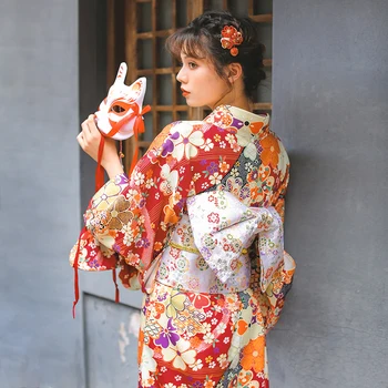 Traditsiooniline Jaapani kimono Tume Punane Yukata Tunne, et Riideid Obi Halloween Cosplay Tüdrukud Kleit