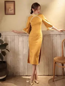Hiina Kaua Cheongsam Naiste Seksikas Retro Iga Päev Vintage Qipao Kleit Kevad Sügis Prantsuse Stiilis Elegantne Daam Cheongsam Kleit