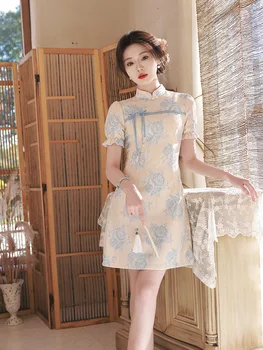 Naiste Hiina Stiilis Sinine Lill Trükitud Qipao Suvel Paranenud Lühikesed Varrukad Cheongsam Vestido