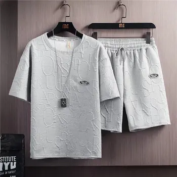 Suvel Tshirt lühikesed Püksid, 2 tk Komplekt Valge Tracksuit Meeste 3D Tähed Vintage Streetwear Loominguline Muster Mehed sätestatud Lühikesed Varustus