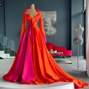 Oranž Haute Couture Tanssiaiset Kleidid, On-line V-kaelus Pikad Varrukad Saudi Araabia, Dubai Rüü De Iltamat Õhtu Kleit Kleit