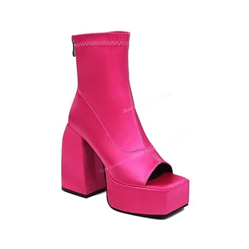 Punane Satiin Platvorm poolsaapad (Solid Color Peep Varba Kingad Naistele Square Kõrged Kontsad Mood Kingad 2023 Zapatos Para Mujere