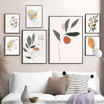 Abstraktne Lill Naise Nägu Line Oranž Seina Art Lõuend Maali Nordic Plakatid, Prindid Seina Pildid elutuba Home Decor