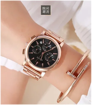 GUOU Kõrge kvaliteediga Naiste kellad Rose Gold Terasest Kleit Watch 3 kettaid, disain Analoog Jaapan Liikumise Daamid Kalender relogio feminino