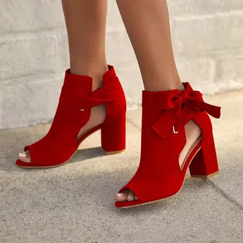 Naiste Paksu Kõrge kontsaga Pumbad 2023 aasta Sügisel Riie Pool Tühi Knotbow Must Punane Vabaaja Sandaalid Peep Varba Zapatillas Mujer Elegantes