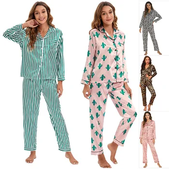 Naiste 2 Tükki Satiin Siidist Sleepwear Leopard Printida Pika Varrukaga Särk ja Püksid Pidžaama