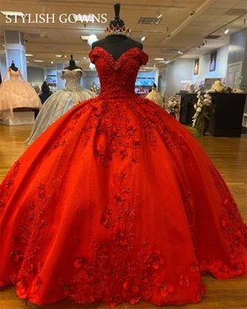 Punase Off Õla Pall Kleit Quinceanera Kleidid Beaded Julkkis Kleit 3D Lilled Lõpetamist Hommikumantlid Vestido De 15 Anos Magus