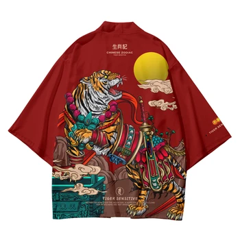 Tiiger Prindi Cosplay Punane Särk Traditsiooniline Haori Kimono Naised Mehed Jaapani Harajuku Beach Yukata Streetwear Kampsun, Rõivad