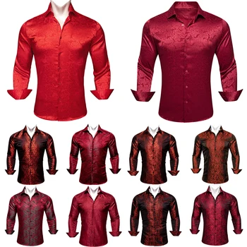 Disainer Silk Pikk Varrukas Särgid Meestele Burgundia Punane Lill Paisley Slim Fit Mees Pluusid Vabaaja Clothings Tops Barry Wang