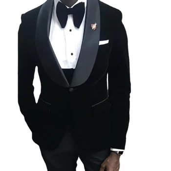 Black Velvet Pulm Smoking Jaoks Groomsmen Slim Fit-Aafrika Meeste Ülikonnad, mis on Kohandatud 3 Töö Mees Mood Jakk, Vest, millel Püksid