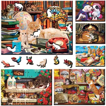 Loomade Puidust Puzzle Salapärane Kass Öökull Puzzle Kingitus Täiskasvanud Lapsed, Haridus-Vapustav Kingitus Interaktiivsed Mängud Puidust Mänguasi